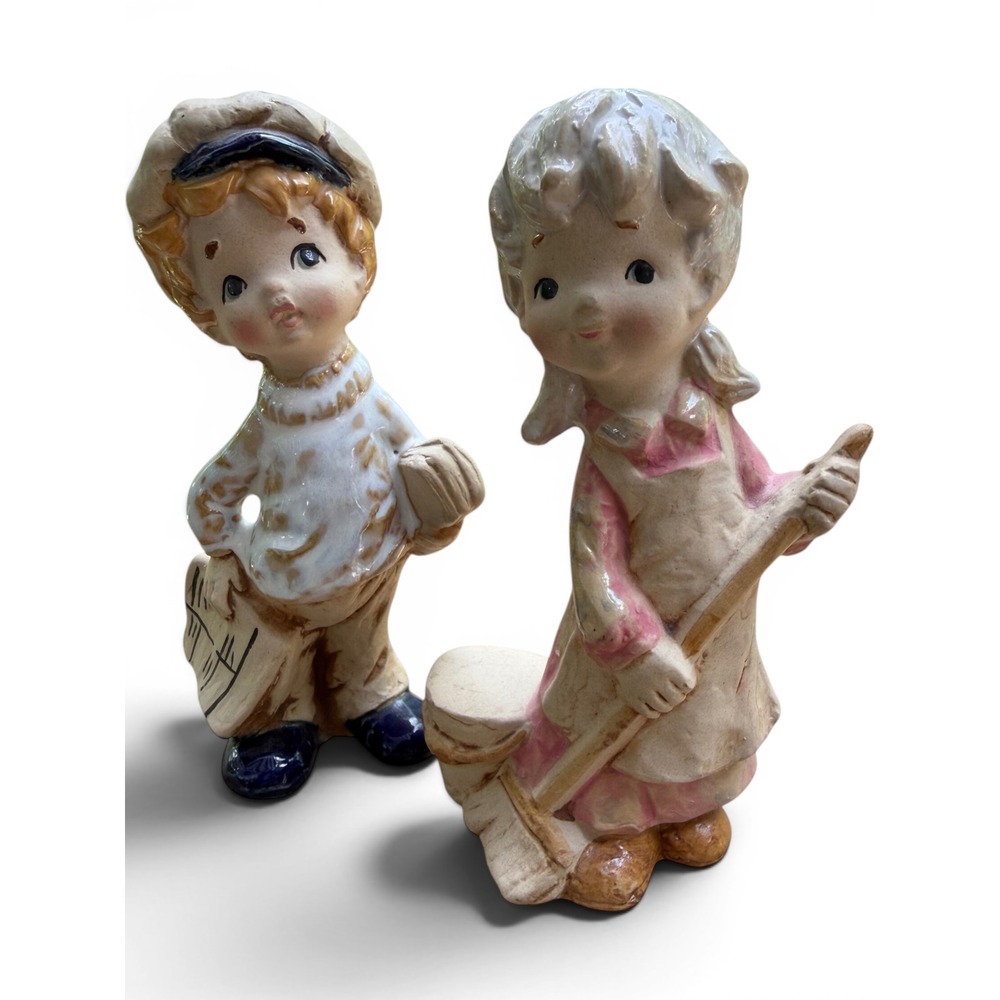 Vintage 1950s Lefton Porcelain Figurine Pair | Newspaper Boy + Sweeping Girl